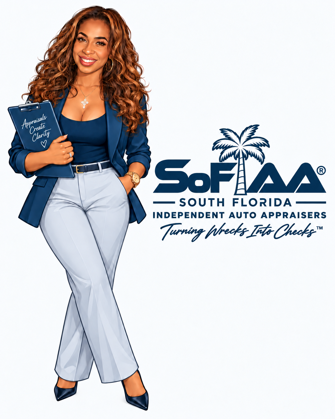 Sofia, the SoFIAA mascot, holding a clipboard beside the company logo